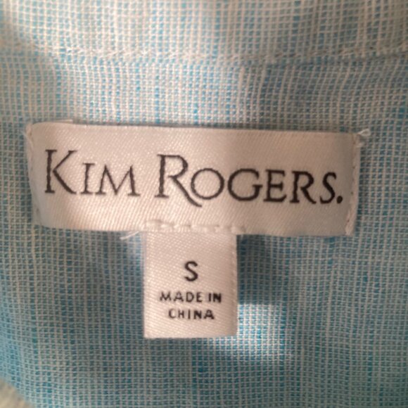 Womens Kim Rogers Linen Blend Button Shirt Short Sleeve Greenish S Blue White - Picture 6 of 8